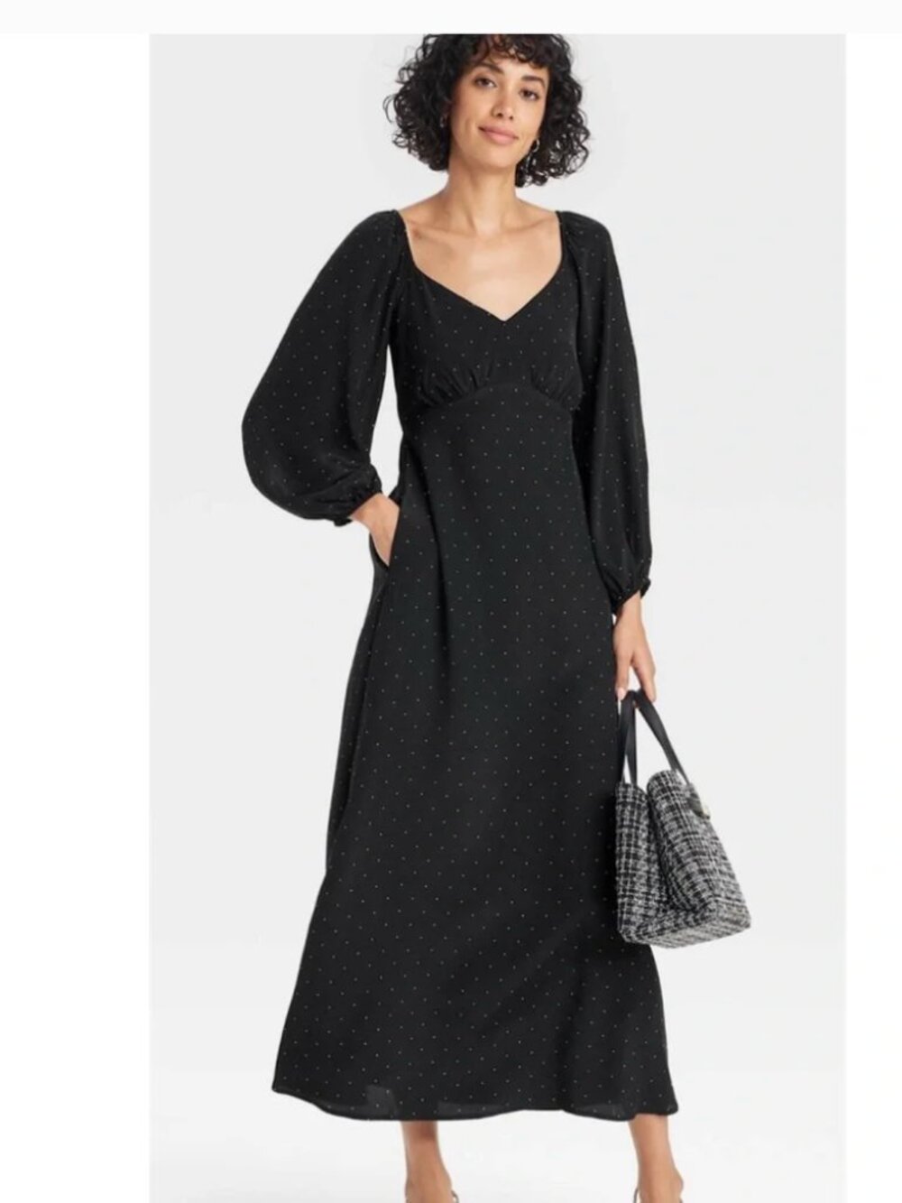 A New Day Long Sleeve Crepe Maxi Polka Dot Black A-Line Dress NWT Sz M